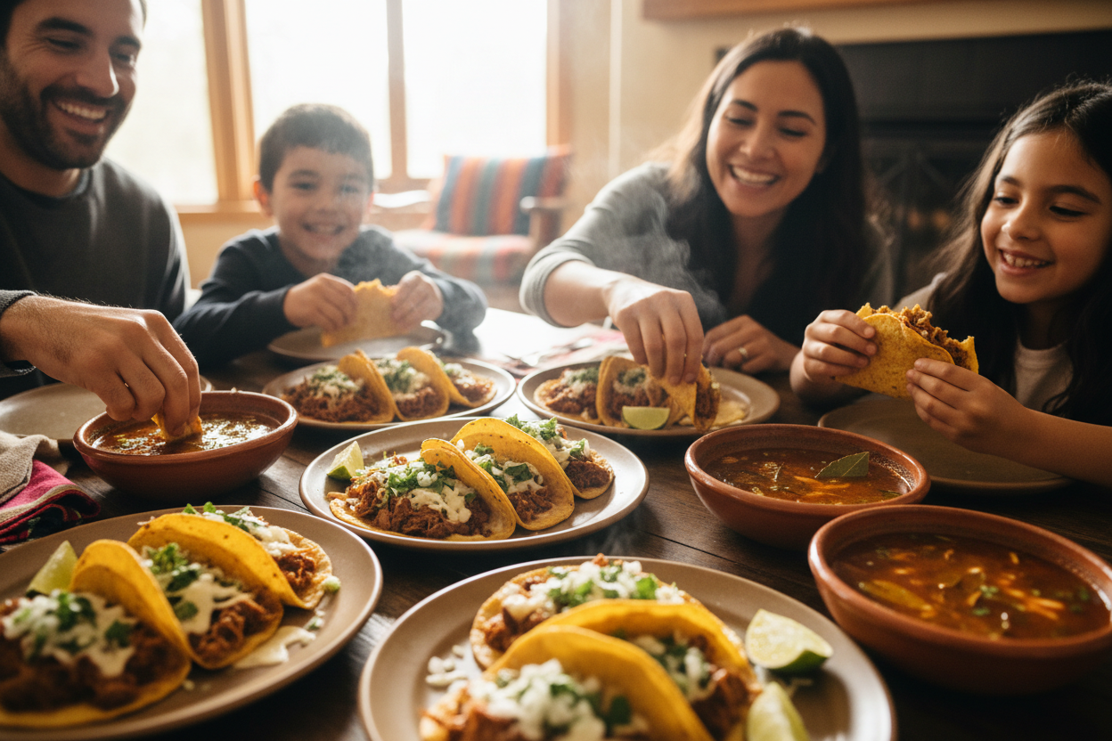 Family eating Birria tacos